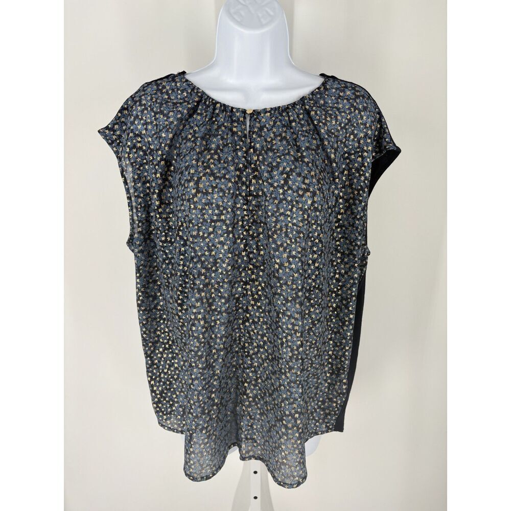Michael Kors Navy Gold Metallic Print Blouse Short Sleeve Sheer Top